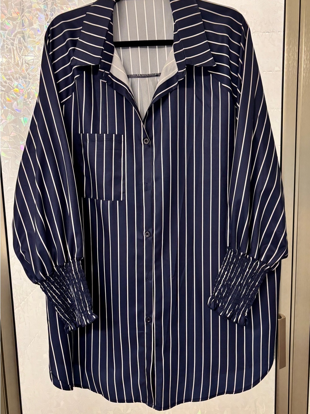 Women’s Navy Blue Vertical-Stripe Button-Up Shirt